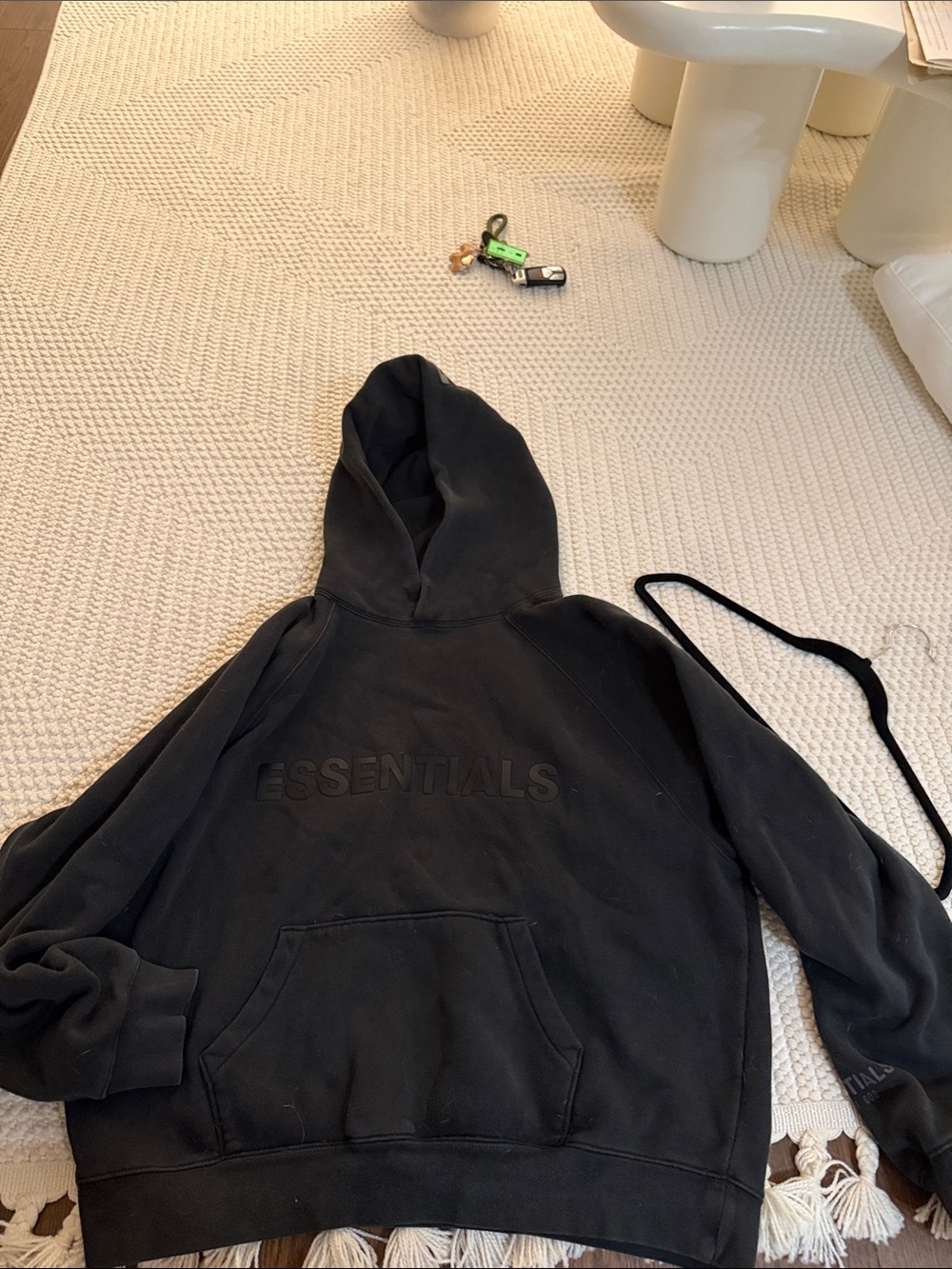 men ESSENTIALS Black Crewneck Hoodie with Embossed Logo